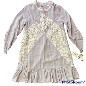 Chelsea & Violet EASTER Dress Girls M Woven Grey Cream Lace Long Sleeve Lined